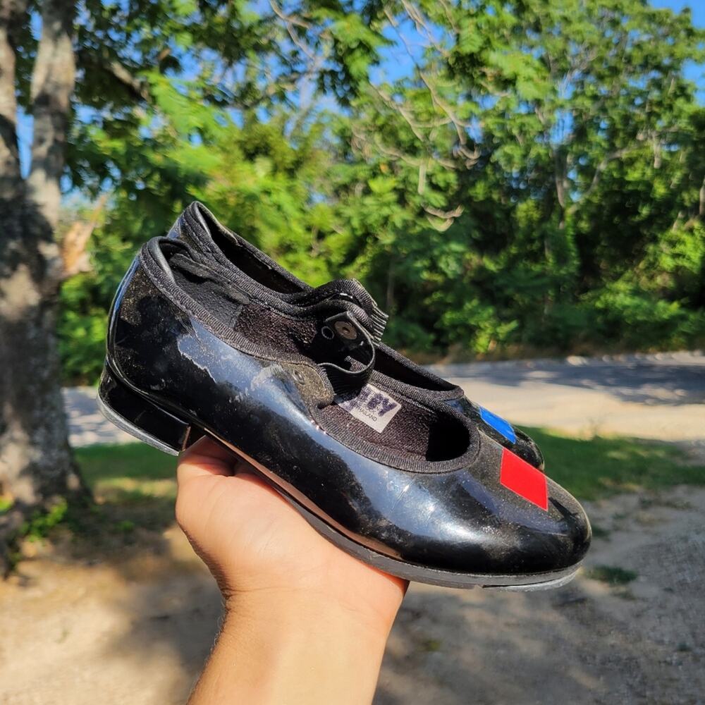 BLOCH Tap Shoes Girls Size 12.5 Black Techno Tapout Slip On Red Blue Square Tape